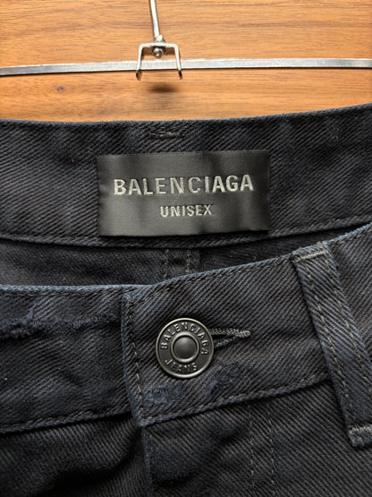 2025 Balenciaga Over Knee Length Distressed Black Raw Hem Denim Shorts