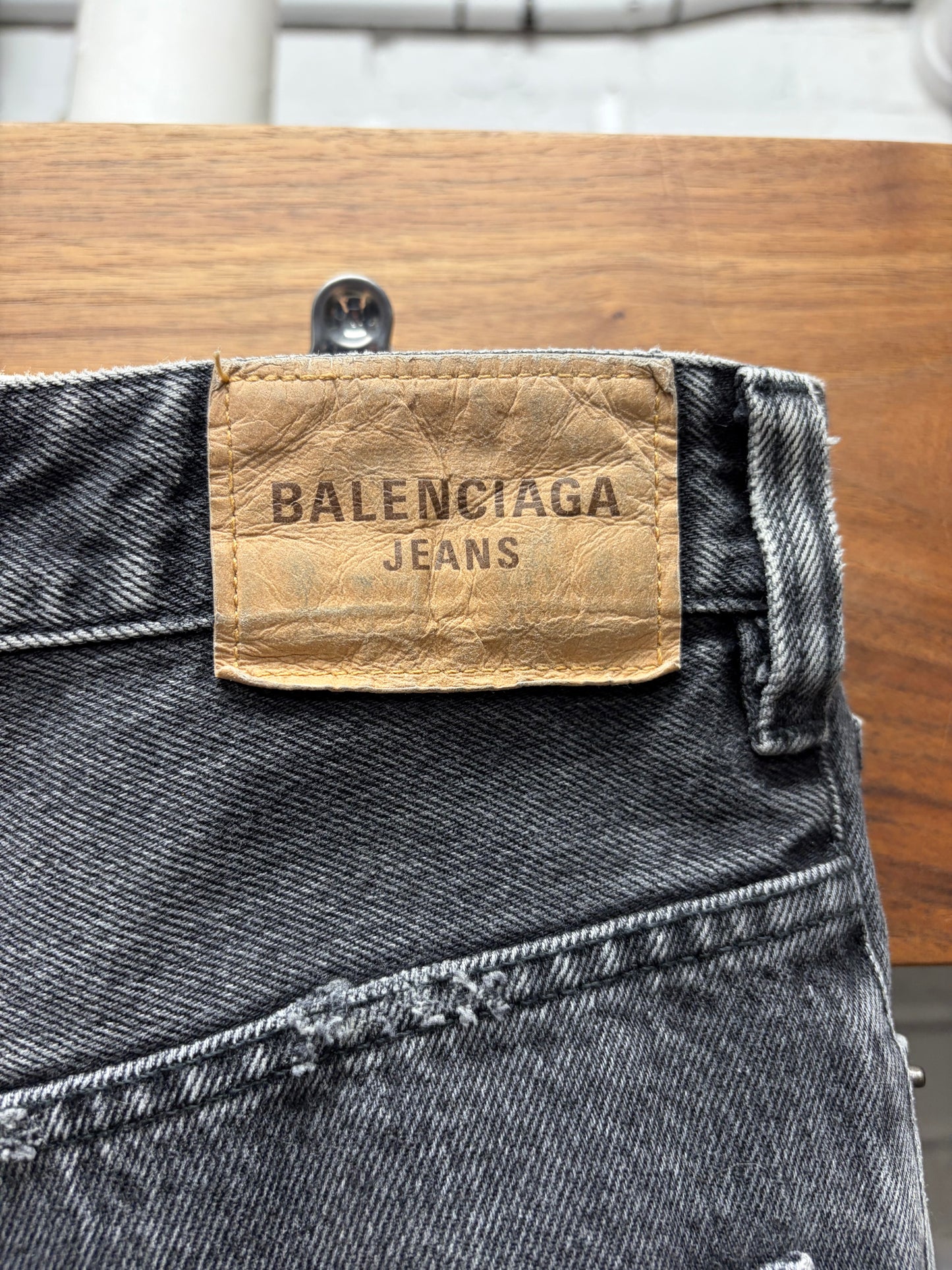 2020 Balenciaga Over Knee Length Distressed Grey Raw Hem Denim Shorts