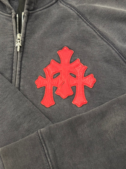 Chrome Hearts ‘Paper Jam’ Leather Cross Patch Sun-Faded Zip Up Hoodie