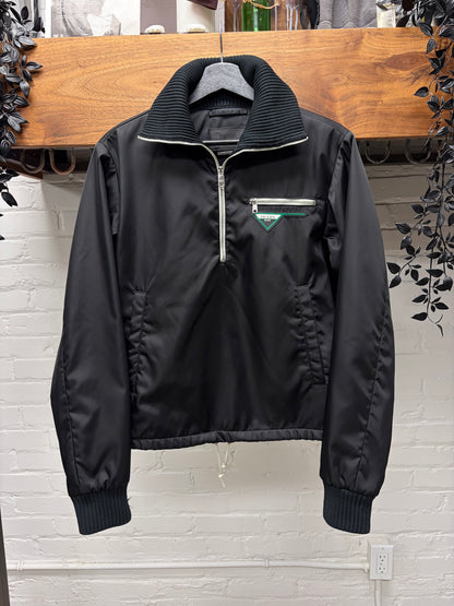 2019 Prada Black Gabardine Nylon Half-Zip Windbreaker Jacket With Ribbed Collar