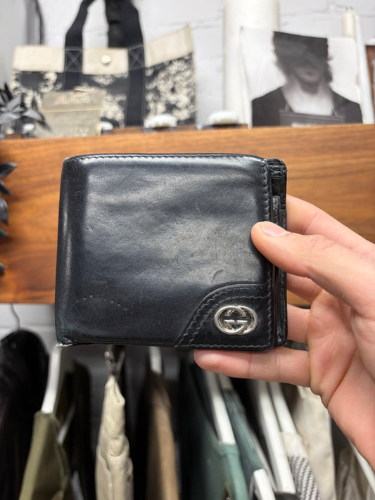 Vintage Gucci ‘GG Interlock Logo’ Black Calfskin Leather Bifold Wallet