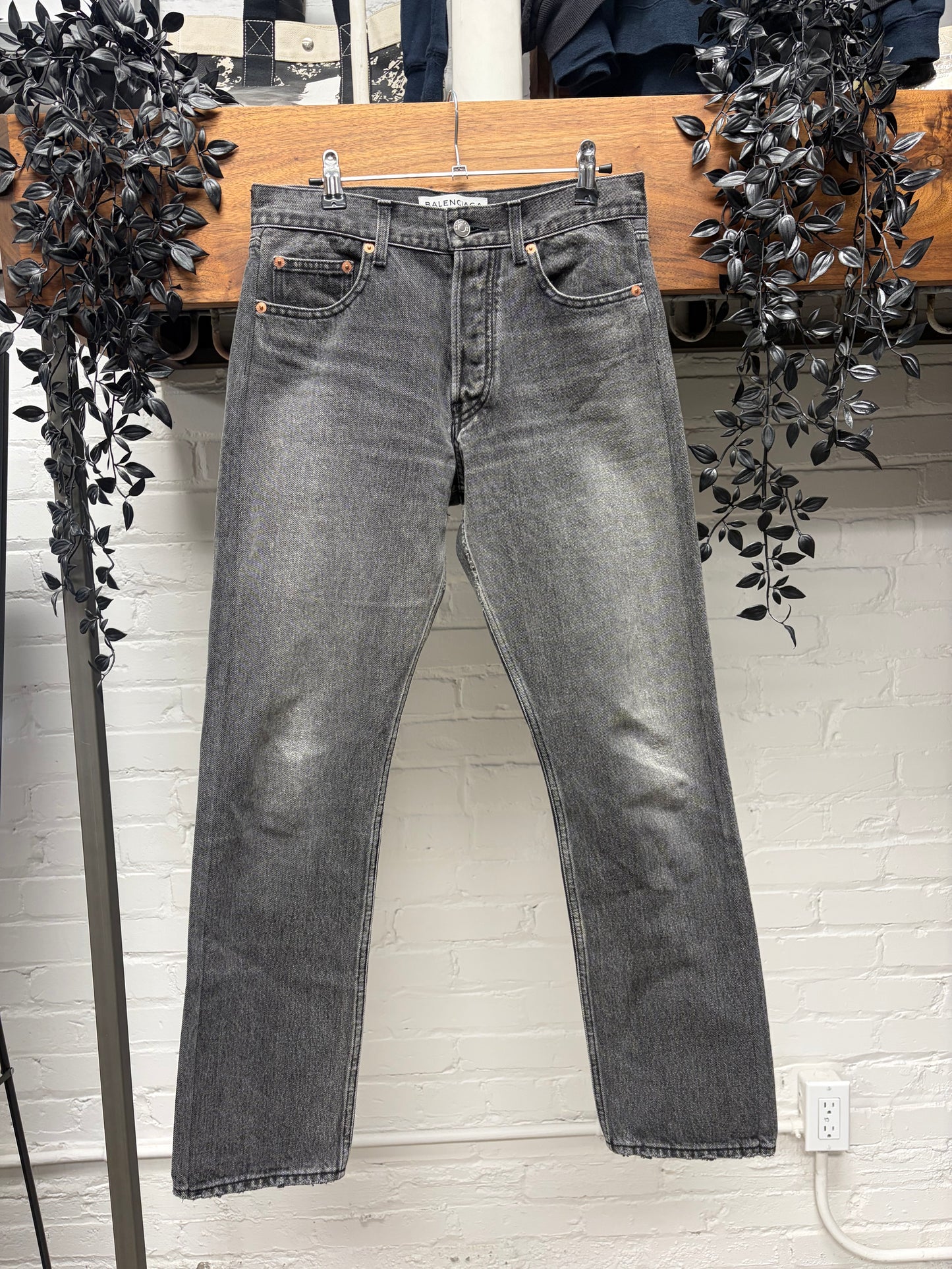 2017 Balenciaga Button Fly Straight Cut Washed Black Denim