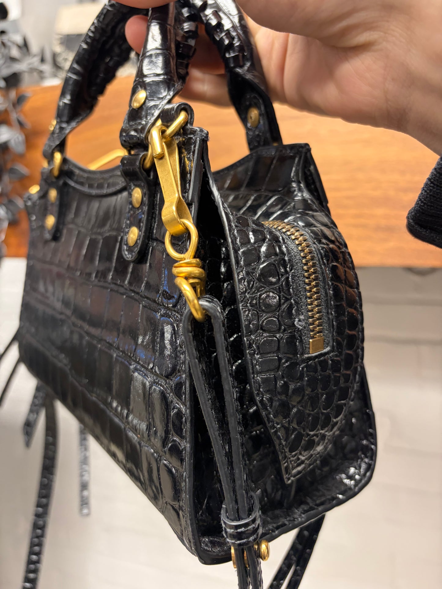 Balenciaga ‘Neo Classic’ Black Croc Embossed Leather ‘Mini-City’ Tote With Crossbody Strap