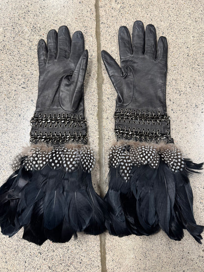 Alexander McQueen Genuine Feathers/Chain Mail Leather Gloves