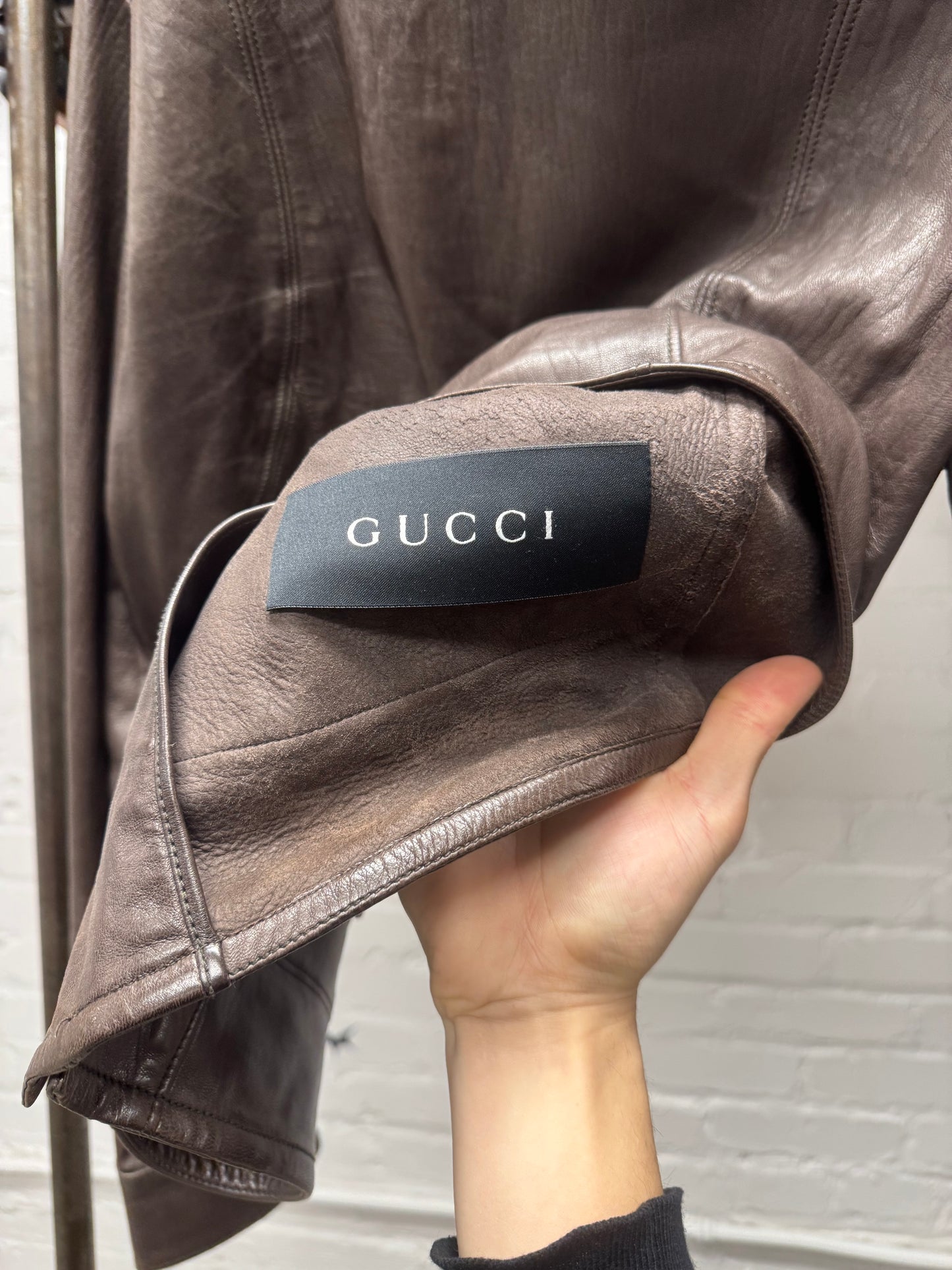 Gucci Lambskin Leather Brown ‘Pointe Collar’ Biker Jacket