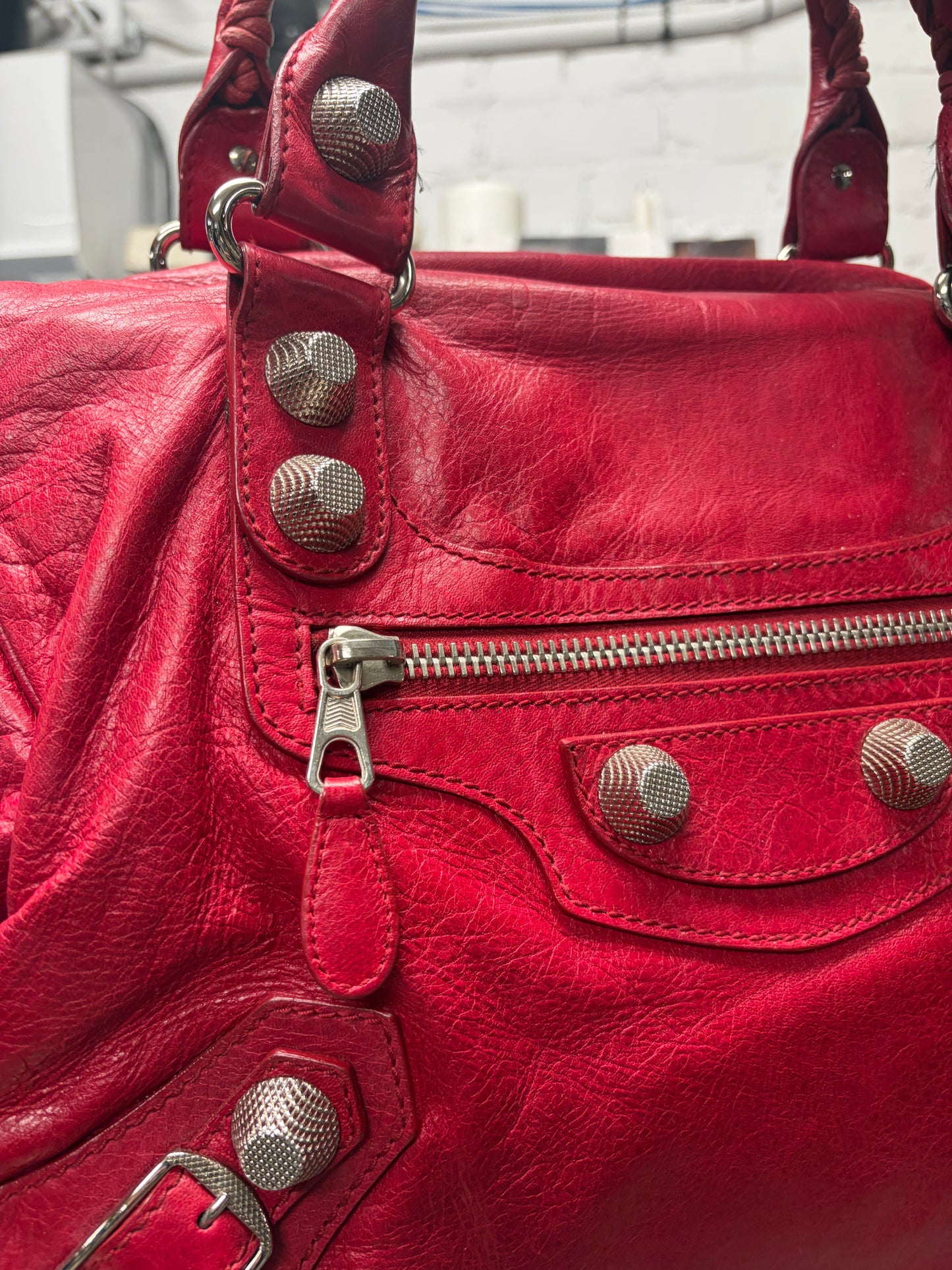 Balenciaga ‘Giant 21’ Tumbled Red Leather ‘City Bag’ with Silver Hardware