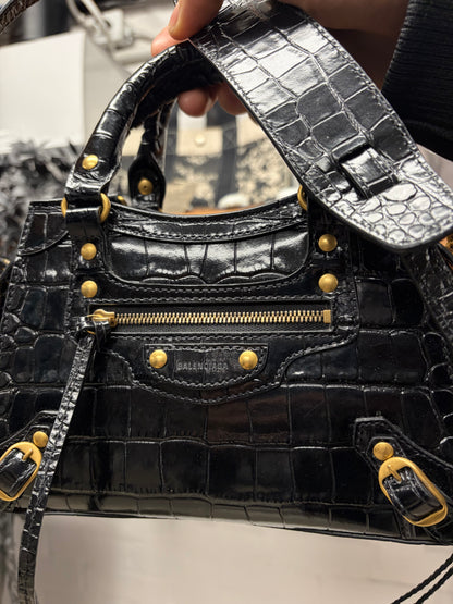 Balenciaga ‘Neo Classic’ Black Croc Embossed Leather ‘Mini-City’ Tote With Crossbody Strap