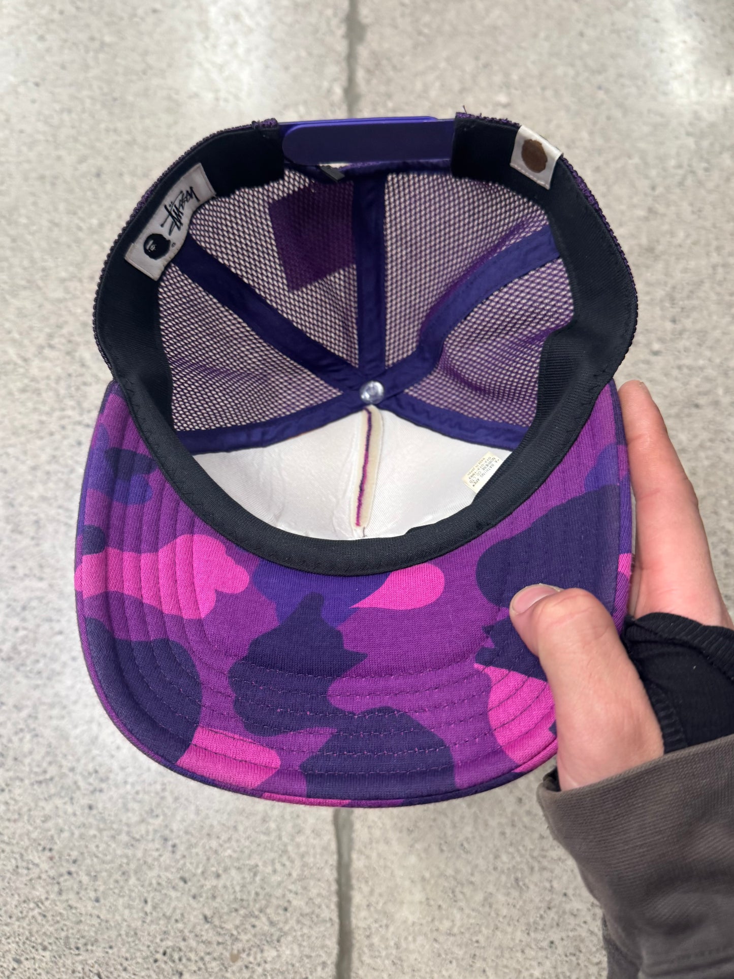 Bape x Stussy Purple Camo SnapBack Trucker Hat