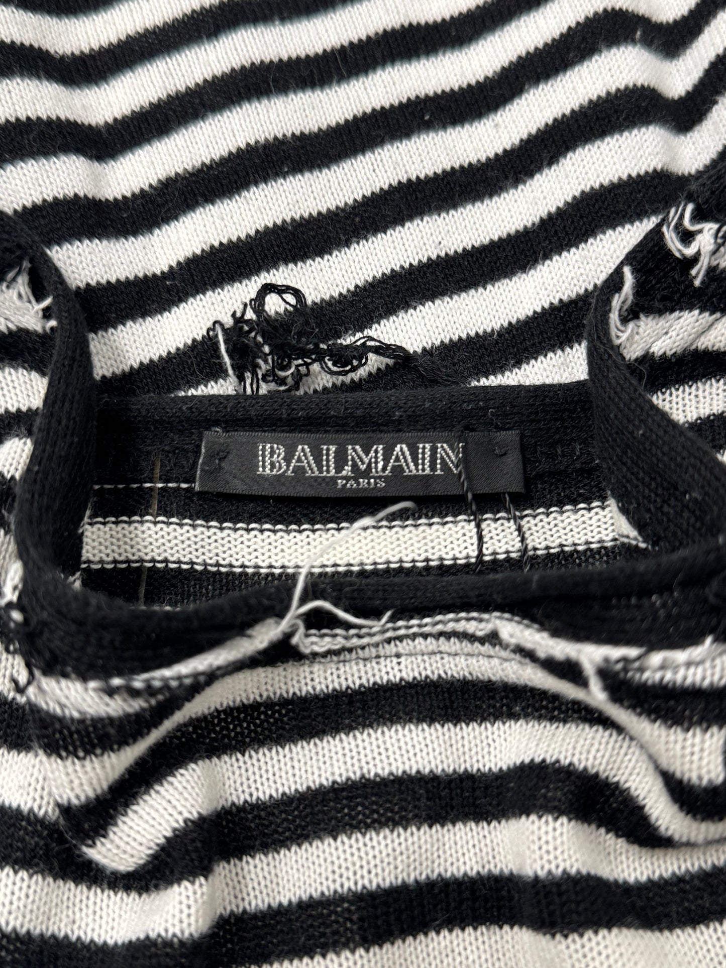 Balmain ‘Thrash Distressed’ Black/White Striped ‘Raw Hem’ Long Sleeve