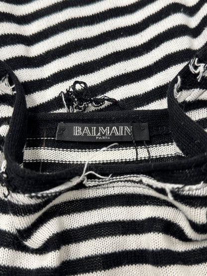 Balmain ‘Thrash Distressed’ Black/White Striped ‘Raw Hem’ Long Sleeve