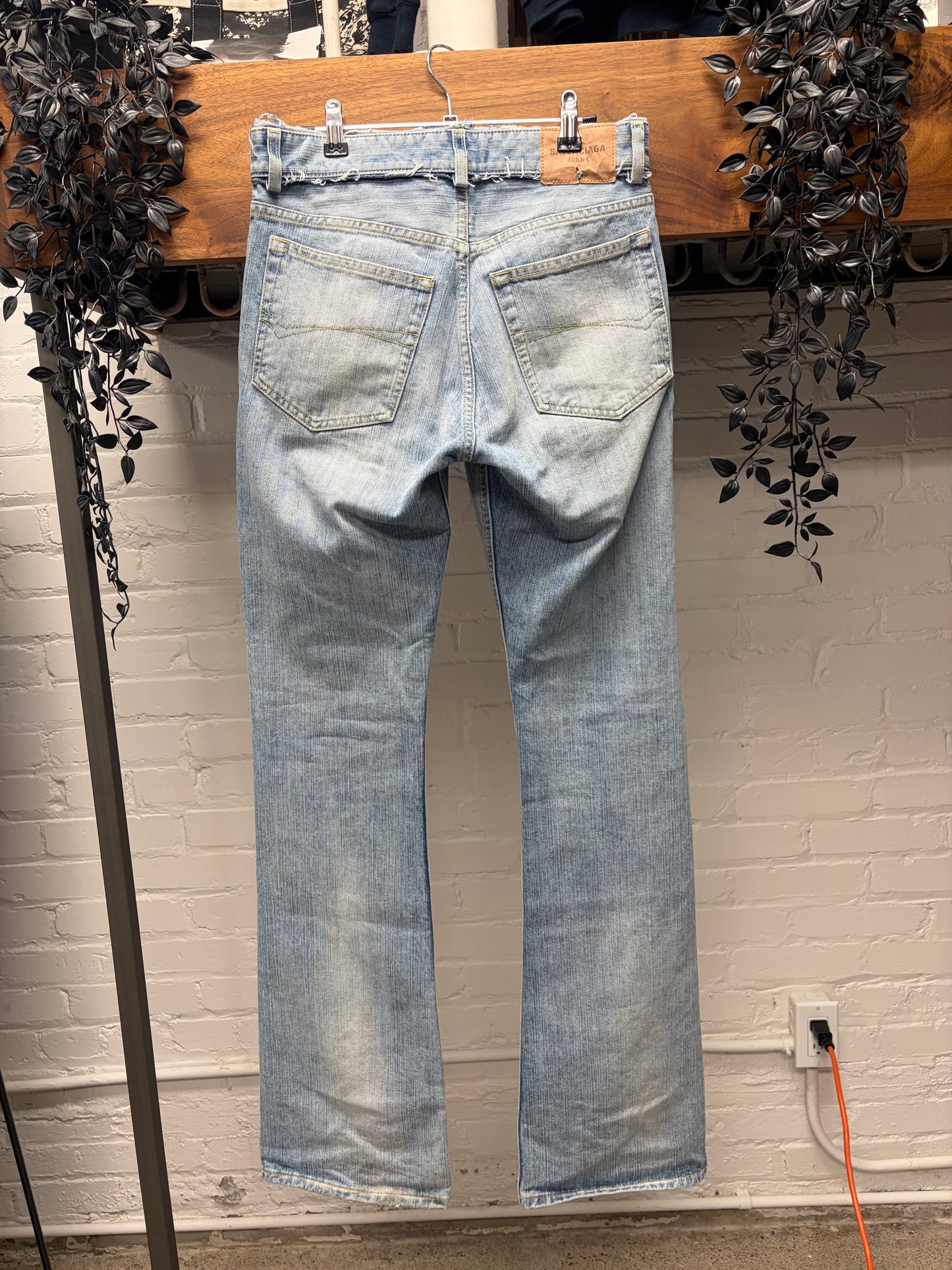 2024 Balenciaga Distressed Waistband Light Wash Blue Flared Leg Denim