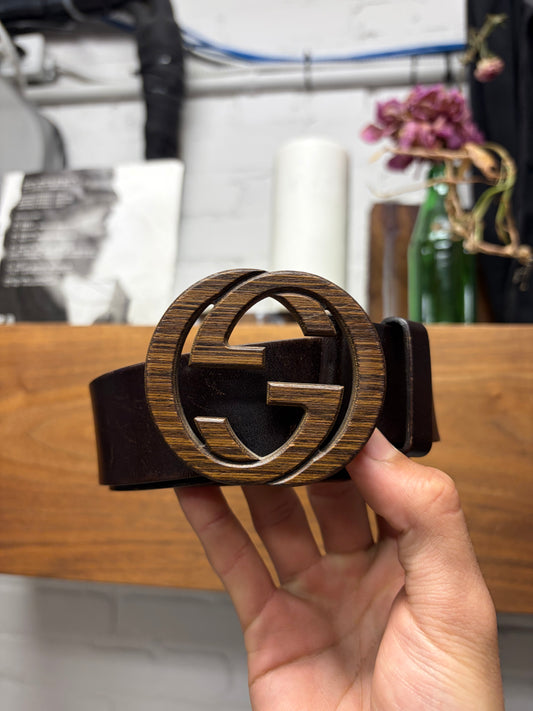 Gucci ‘Wooden Buckle’ GG Interlock Brown Leather Belt