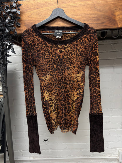Vintage Jean Paul Gaultier Leopard Print Mesh Top with Velour Ribbed Sleeves