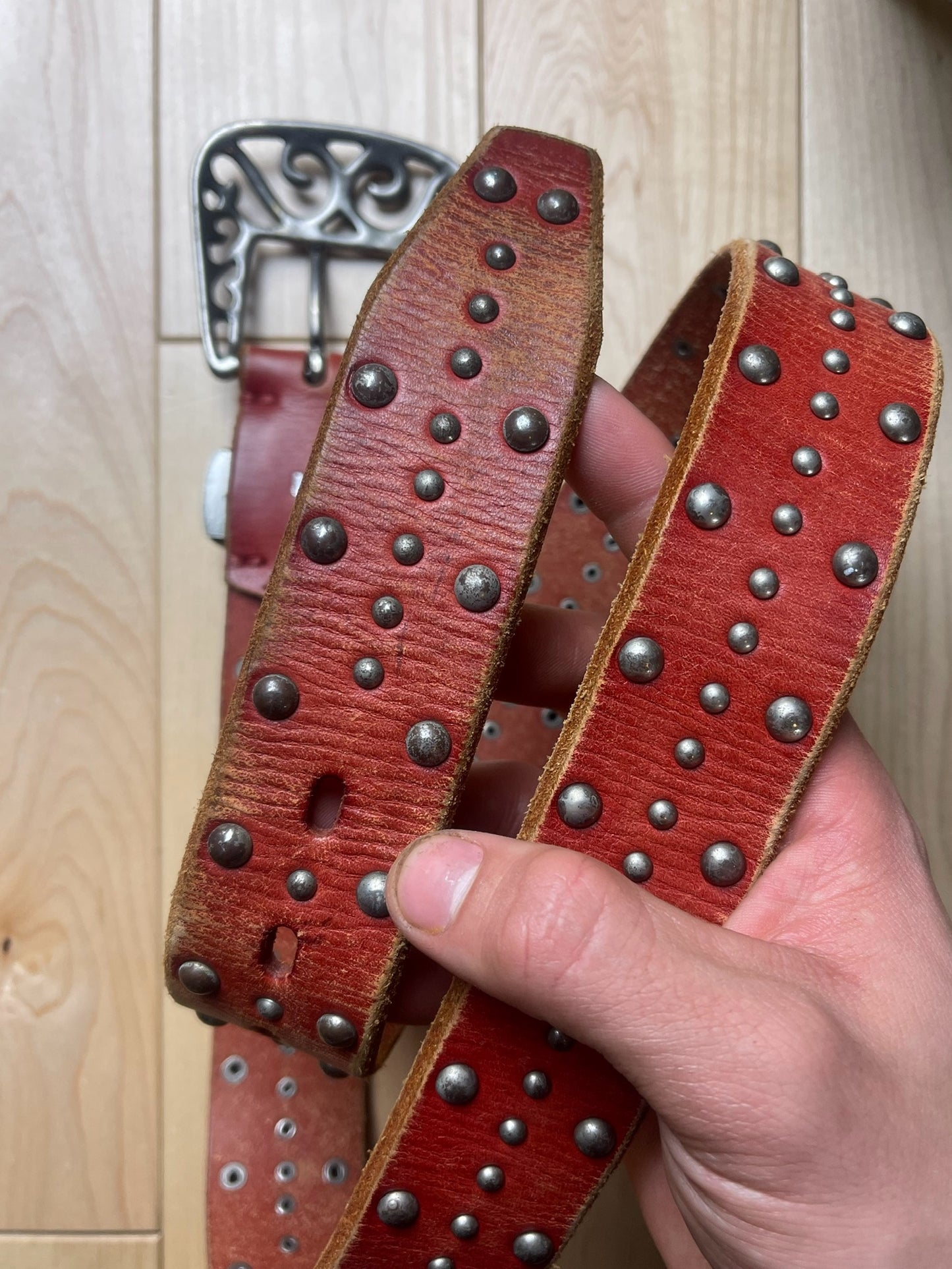 Tornado Mart Studded Silver Buckle Red Leather Belt