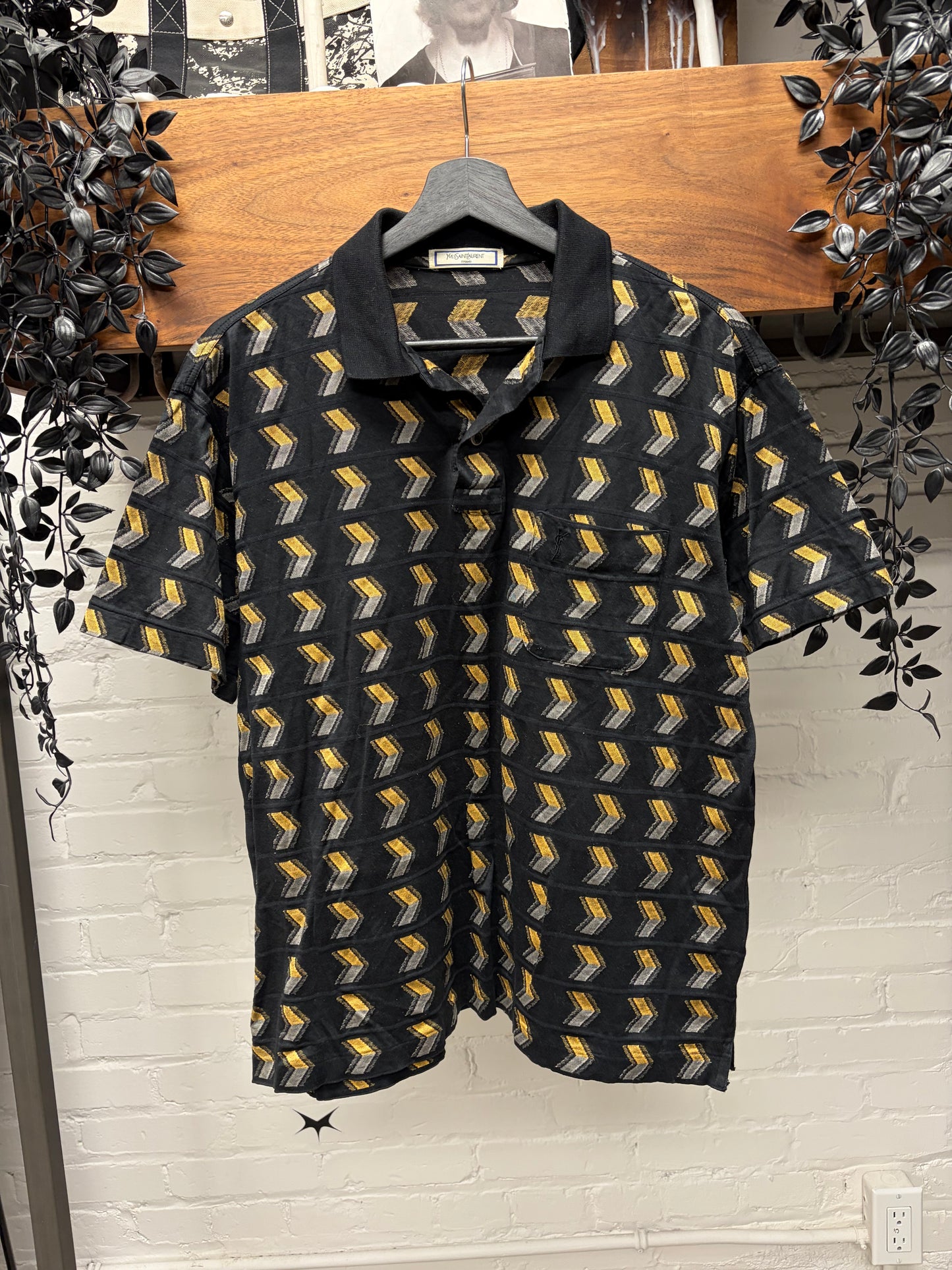 Vintage Yves Saint Laurent Black/Yellow Patterned Polo