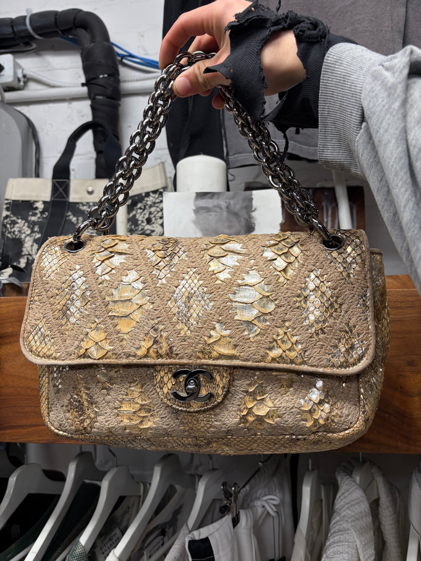 Chanel Genuine Python Leather Gold Crochet Classic Flap Topstitch Shoulder Bag