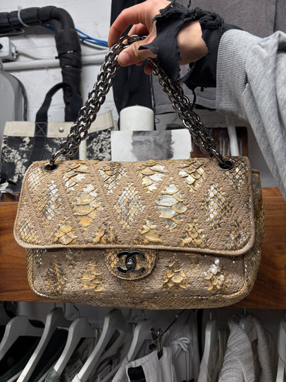 Chanel Genuine Python Leather Gold Crochet Classic Flap Topstitch Shoulder Bag