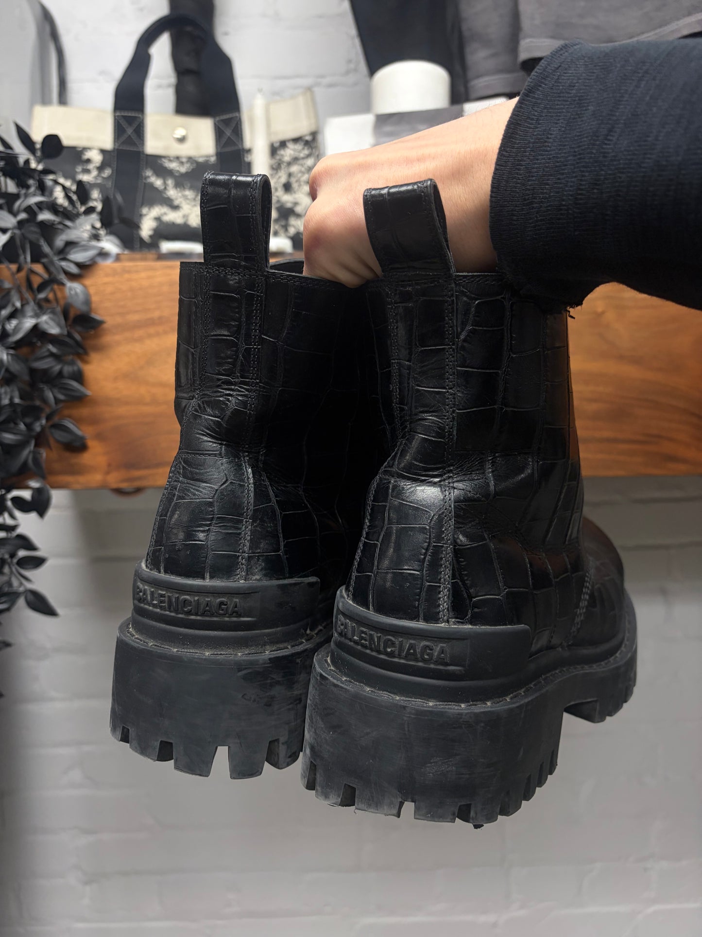 Balenciaga Croc Embossed ‘Strike’ Black Patent Leather Combat Boots