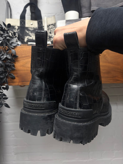 Balenciaga Croc Embossed ‘Strike’ Black Patent Leather Combat Boots