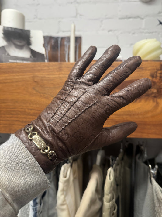 2000s Gucci Gold ‘Horsebit’ Monogram Embossed Brown Leather Gloves