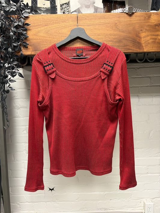 Vintage Jean Paul Gaultier ‘Overall Strap’ Harness Layered Pinstripe Long Sleeve Shirt