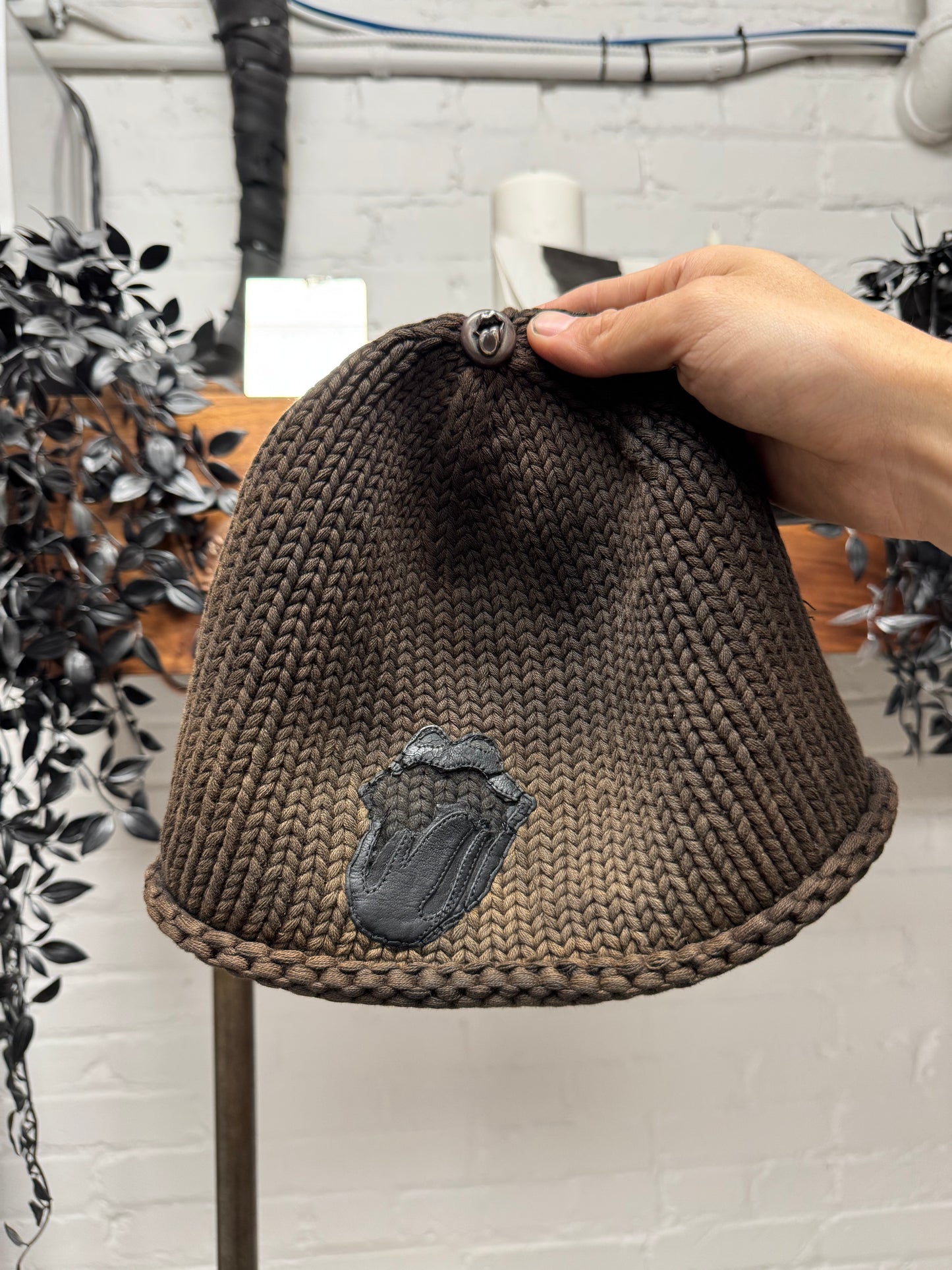 Vintage Chrome Hearts ‘Rolling Stones’ Leather Patch ‘Sun Faded’ Brown Beanie