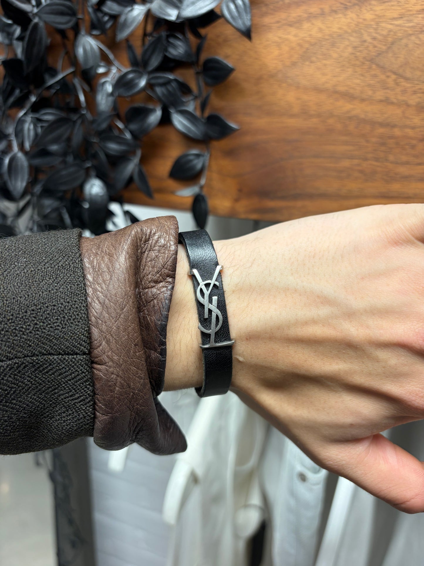 Saint Laurent Black Leather/Silver ‘YSL Logo’ Magnetic Clasp Bracelet