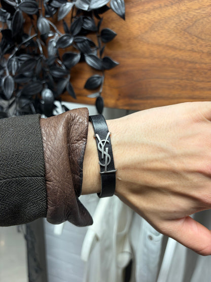 Saint Laurent Black Leather/Silver ‘YSL Logo’ Magnetic Clasp Bracelet