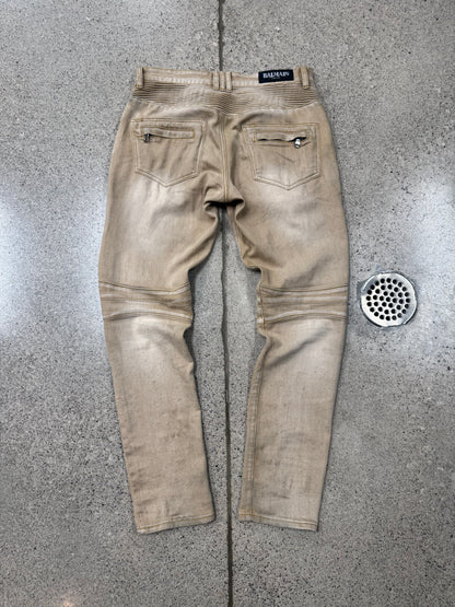 Balmain Tan Brown ‘Biker Knee’ Slim Cut Denim