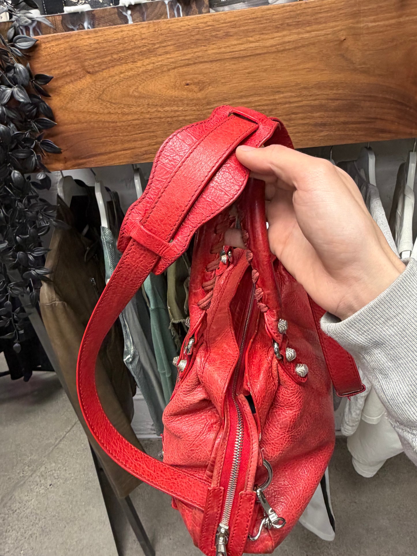 Balenciaga ‘Town’ Red Leather Bag with Silver Toned Hardware and Crossbody Strap