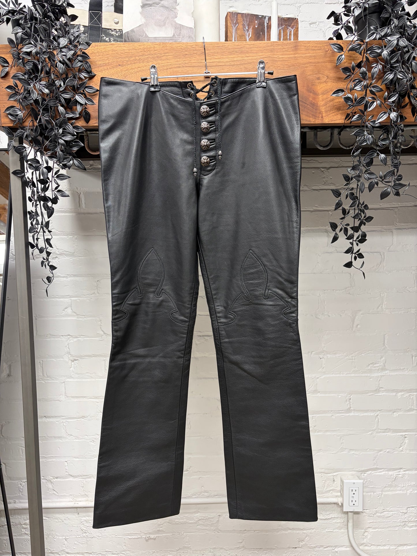Chrome Hearts Black Leather Fleur Knee Pants with Lace Back Detailing
