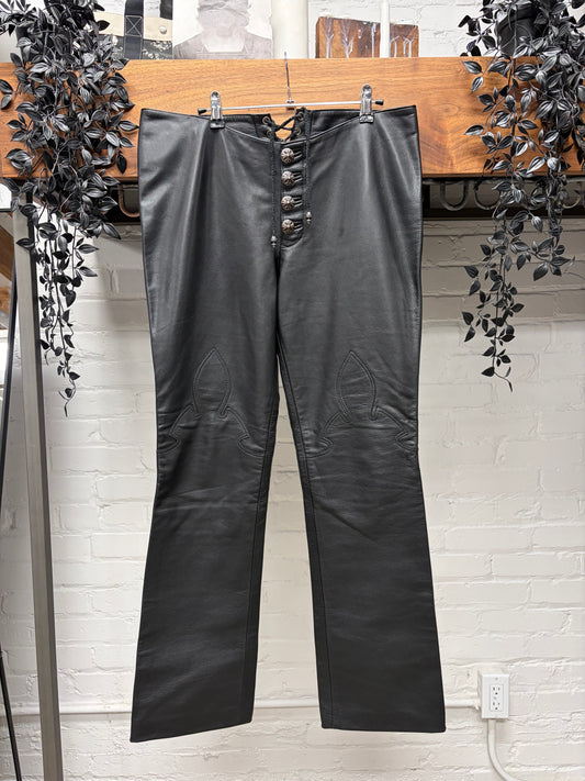 Chrome Hearts Black Leather Fleur Knee Pants with Lace Back Detailing