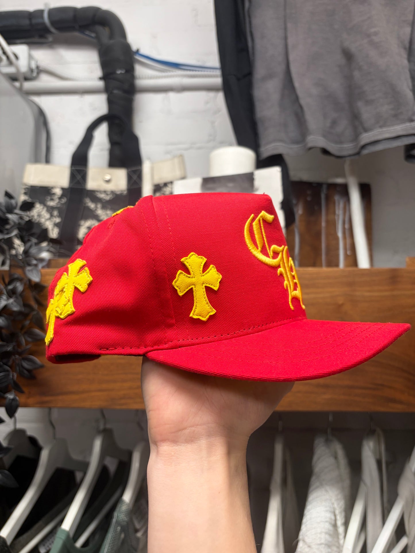 Chrome Hearts Red/Yellow Leather Cross Patch ‘CH Logo’ Trucker Hat