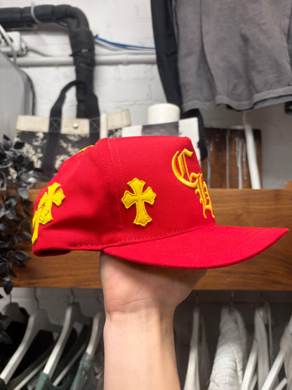 Chrome Hearts Red/Yellow Leather Cross Patch ‘CH Logo’ Trucker Hat