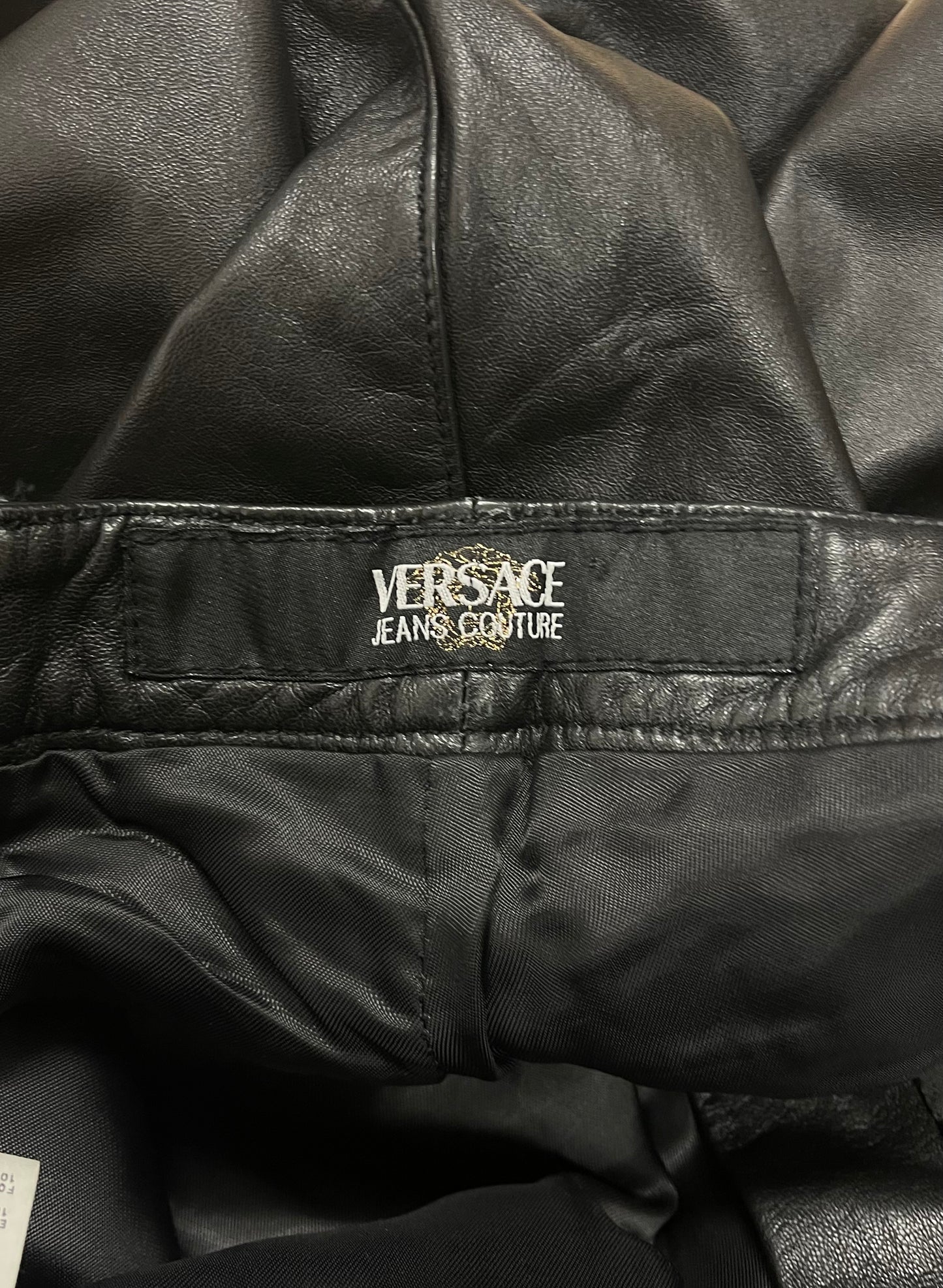 Vintage Versace Calfskin Leather Medusa Logo Flared Leather Pants