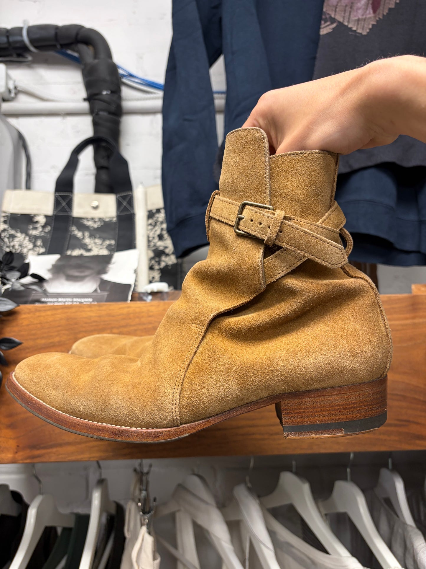 Saint Laurent ‘Jodhpur’ Brown Suede Harness Pointed Toe Ankle Boots