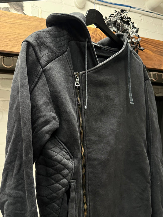 Balmain Quilted Black Cotton Asymmetric Zip-Up Hoodie