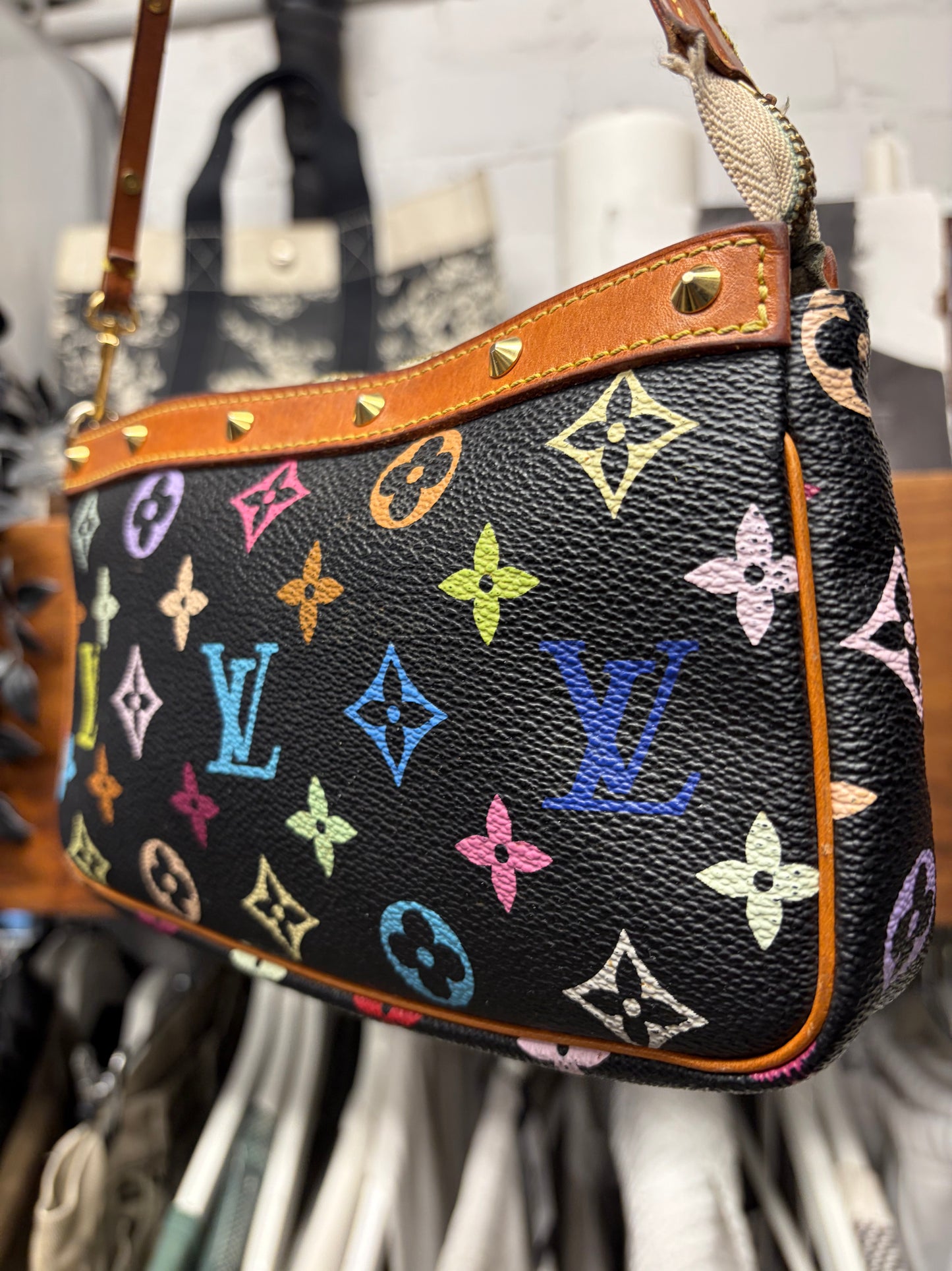 SS2003 Louis Vuitton x Takashi Murakami ‘Pochette’ Black Rainbow Monogram Leather Mini Shoulder Bag