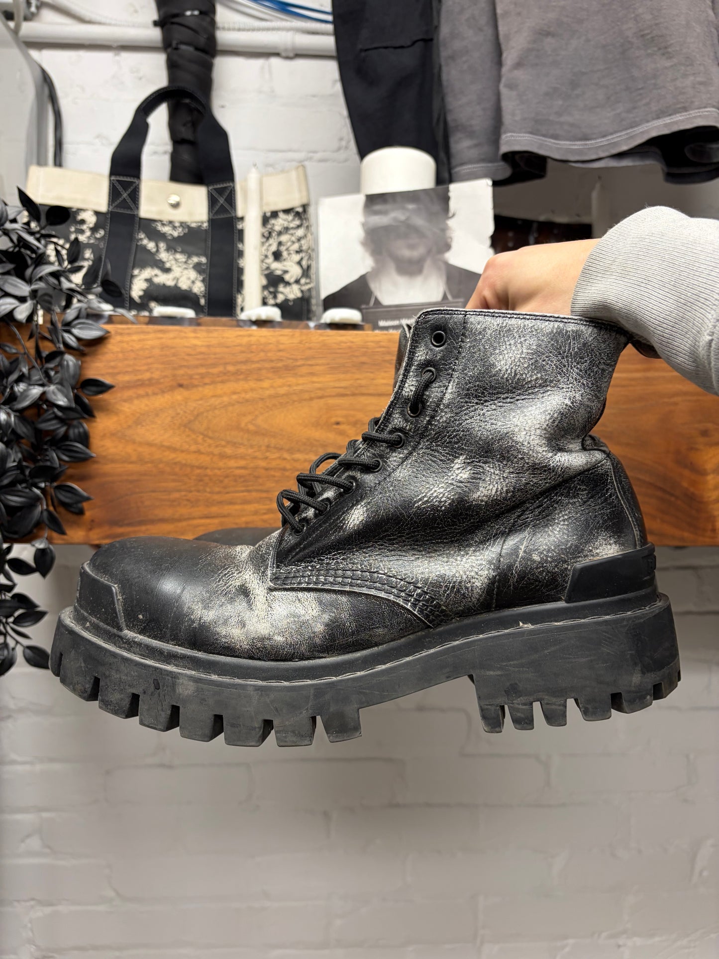 Balenciaga Distressed Black Leather ‘Strike’ Combat Boots
