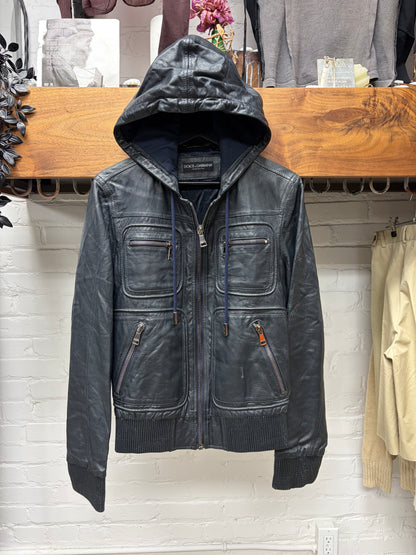 2000s Dolce & Gabbana ‘Mainline’ Hooded Lambskin Leather Cargo Bomber Jacket