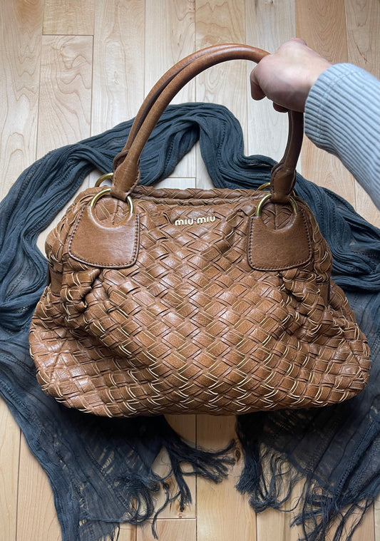 Miu Miu Brown Leather Basket Weave Top Handle/Shoulder Bag