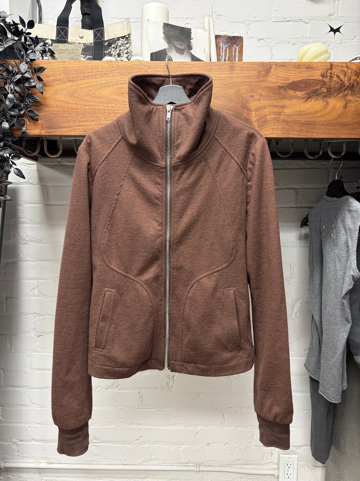 Rick Owens ‘Intarsia’ Dust Brown Wool High Neck Jacket