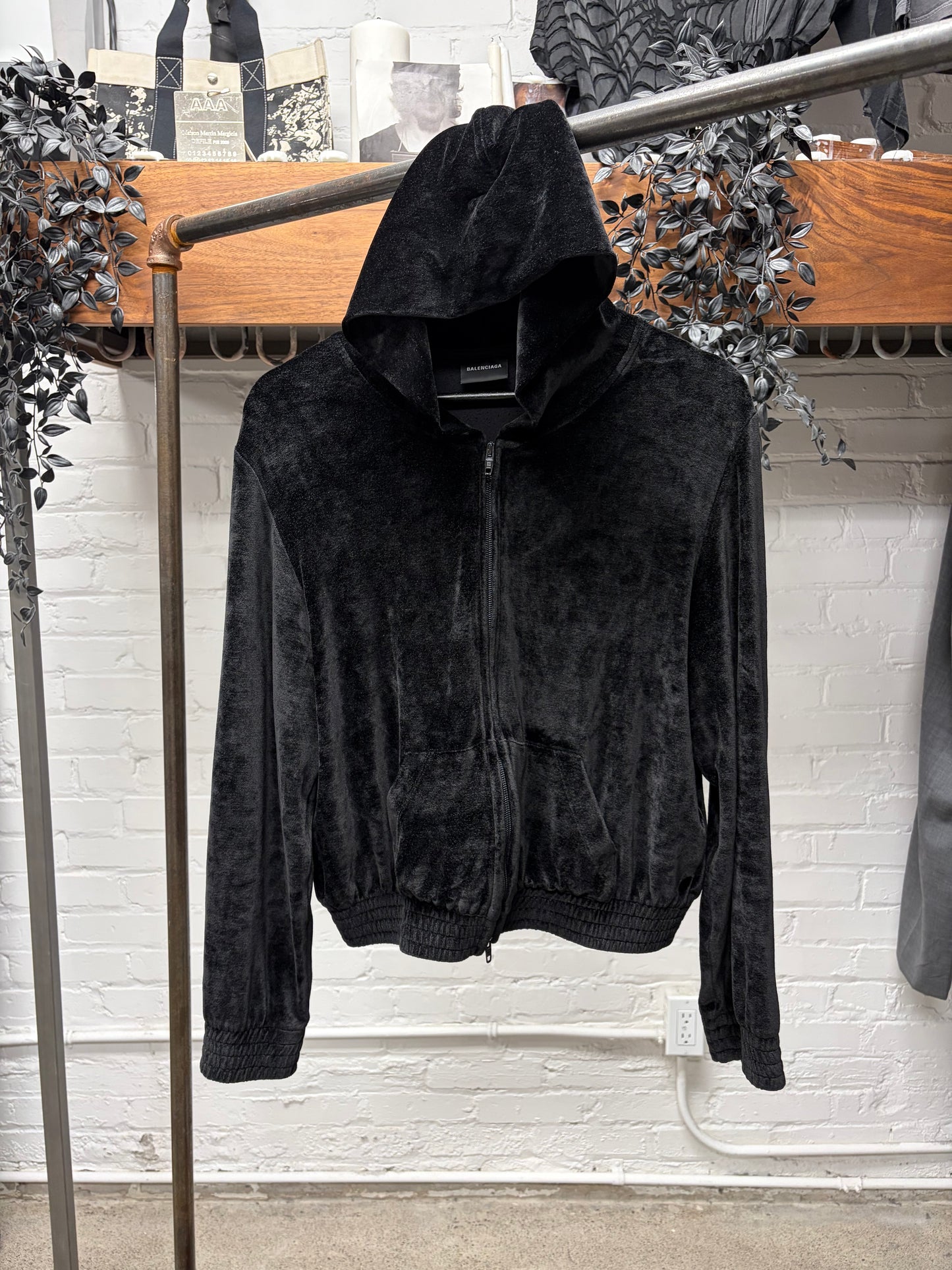 2022 Balenciaga ‘BB Rhinestone Logo’ Black Velour Hoodie
