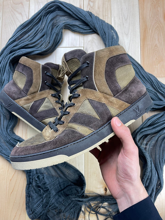 Louis Vuitton Brown Suede ‘Court’ High Top Sneakers