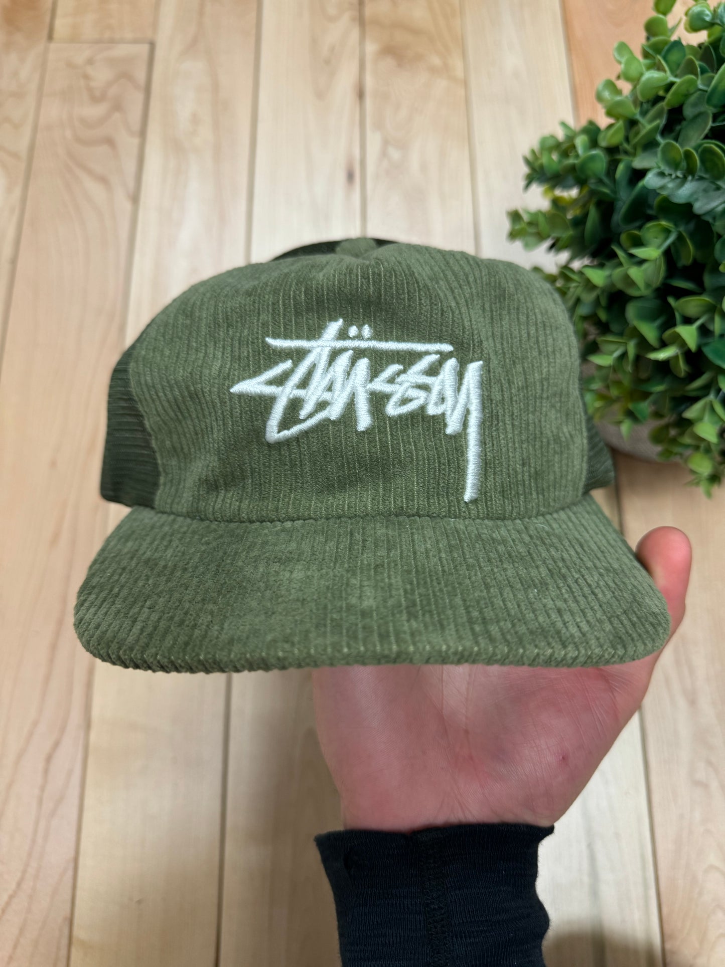 Stussy Corduroy Sage Green/White Strapback Logo Hat