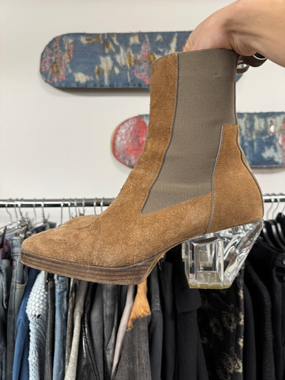 Rick Owens Brown Suede Clear Cuban Heel Platform Boots