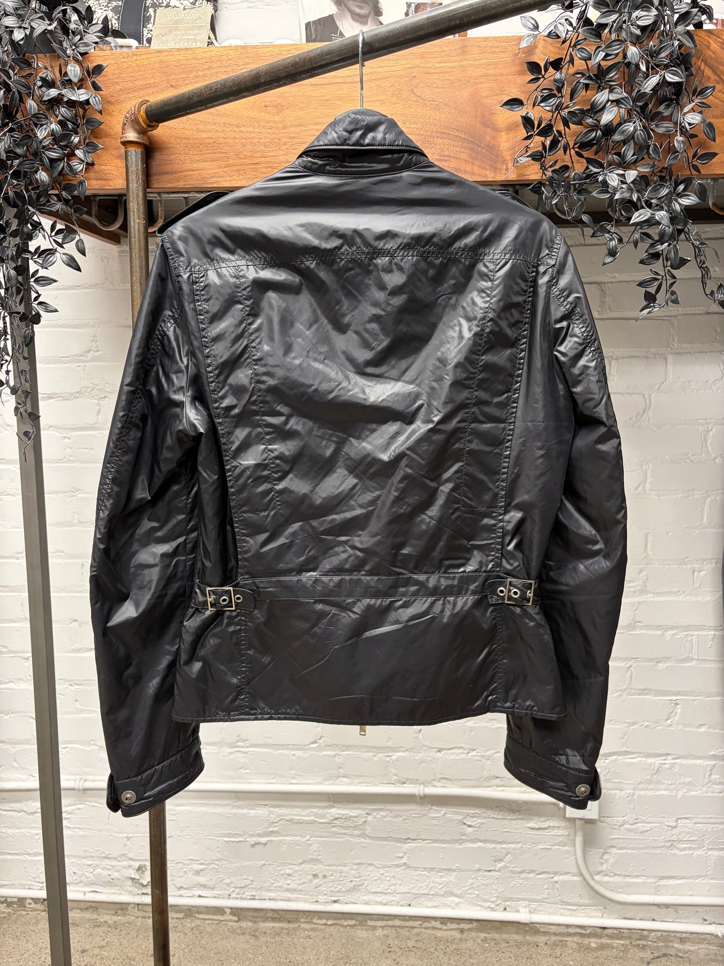 2000s Gucci Black Nylon Slim Cut Biker Jacket with Shoulder Epaulettes