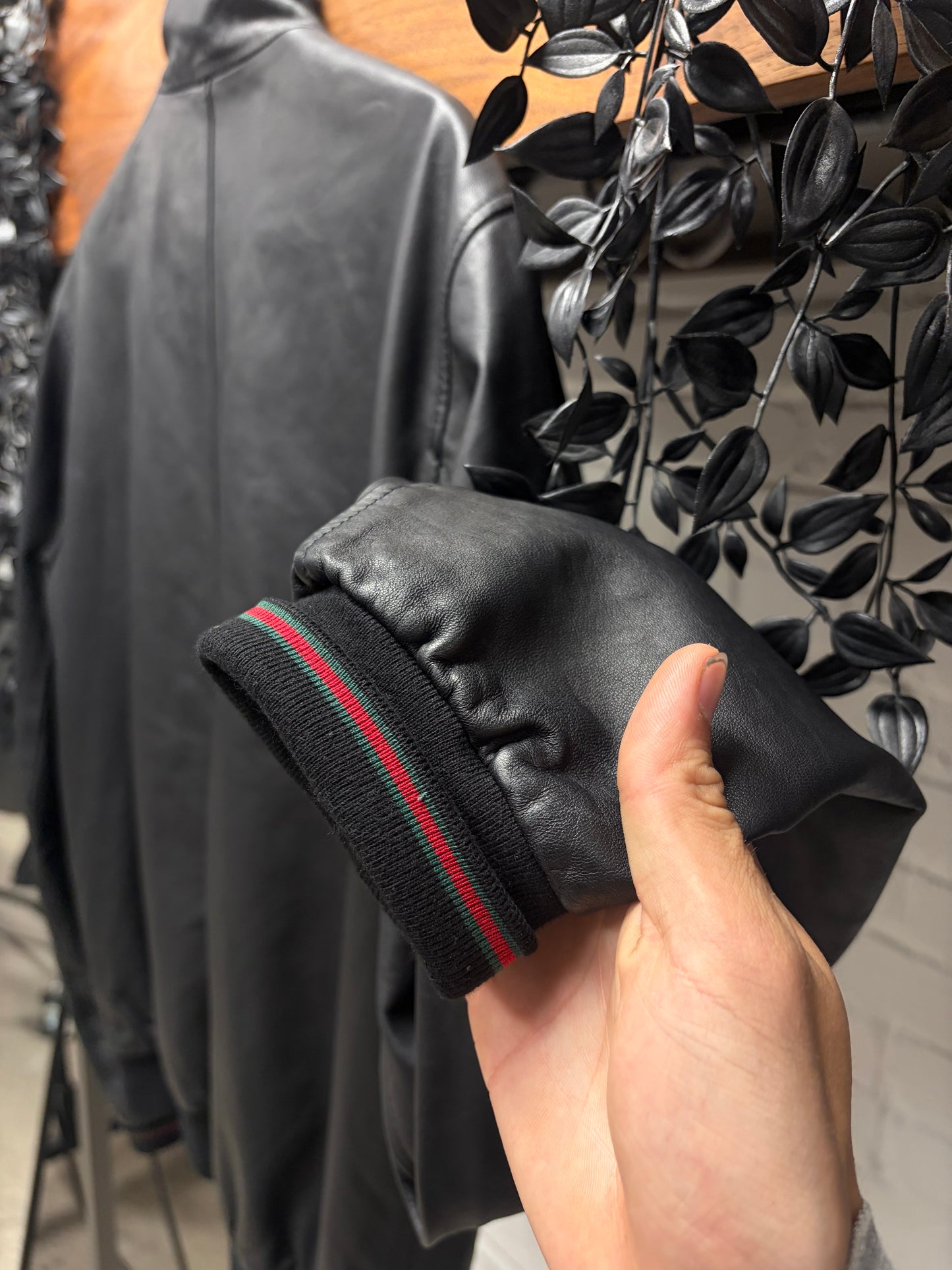2000s Gucci ‘Crest Badge’ Black Leather Moto-Jacket with Ribbed Cuff Detailing