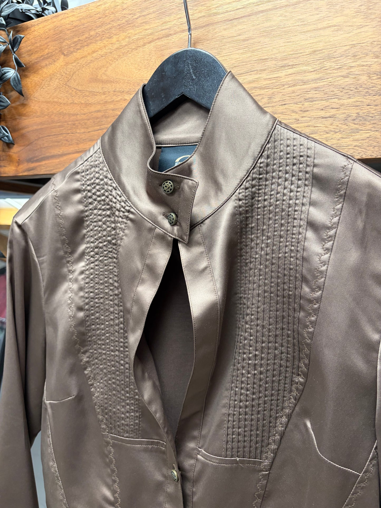 Roberto Cavalli Brown Silk Mandarin Collar Shirt