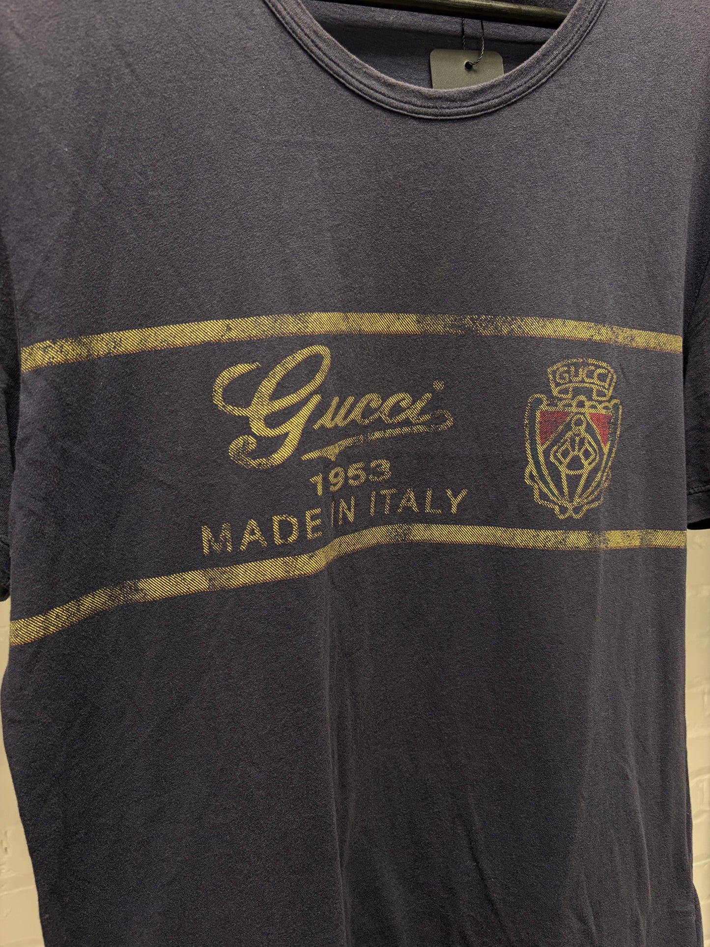 2000s Gucci Cursive Script Logo Blue Graphic T-Shirt